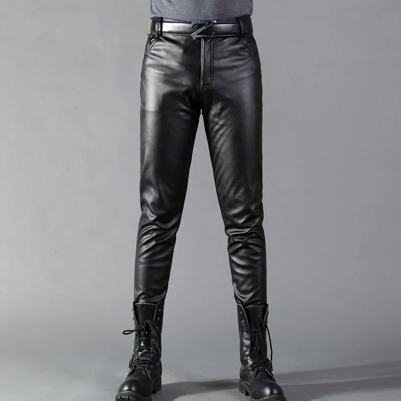 Leather Work Pants - Men's Leather Pants Skinny Fit Elastic
