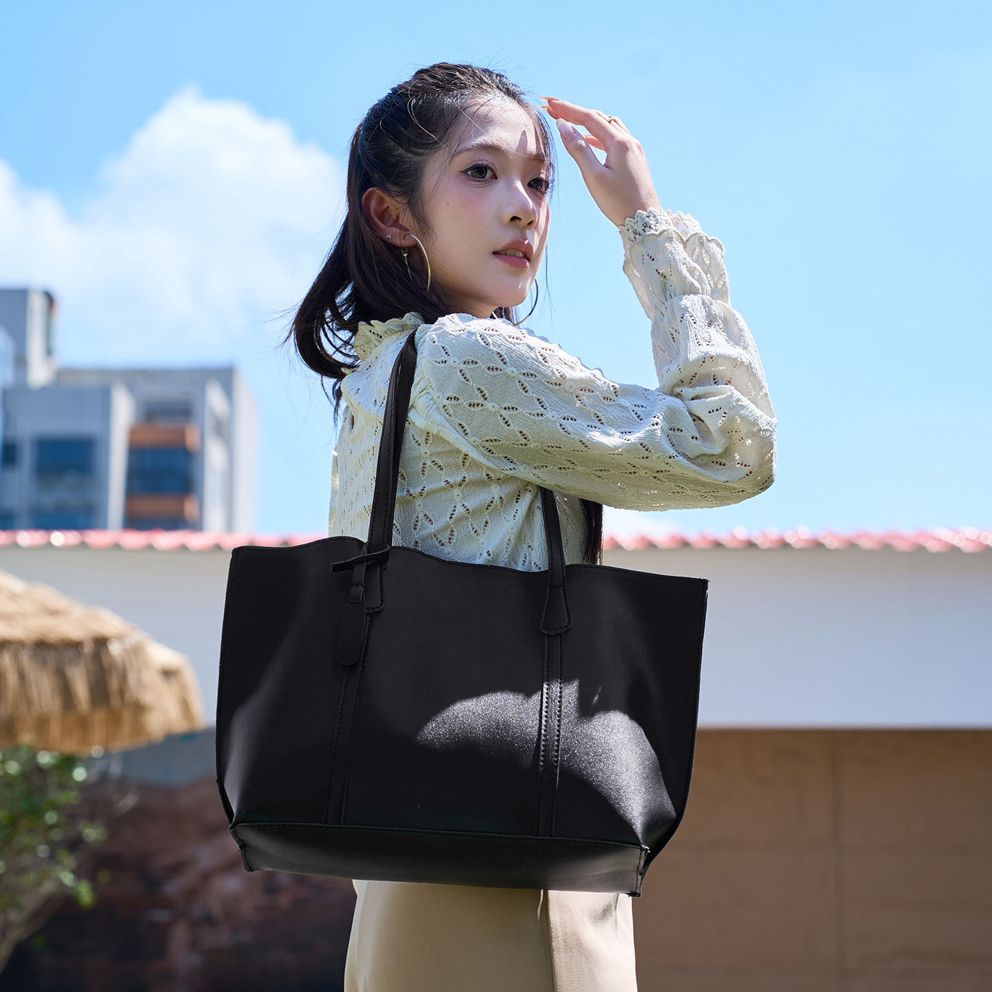 Leather Work Bag - Simple Casual Tote Bag for Women,