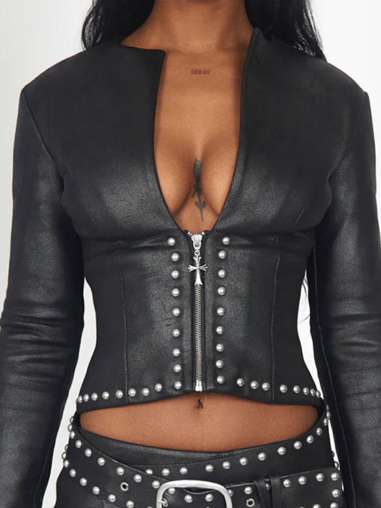 Fashion Rivet Decor Pu Leather - Leather Work Jacket ulasan dan harga