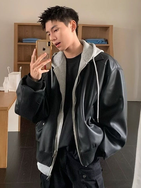 Men's Hooded PU Leather Jacket - Leather Work Jacket ulasan dan harga