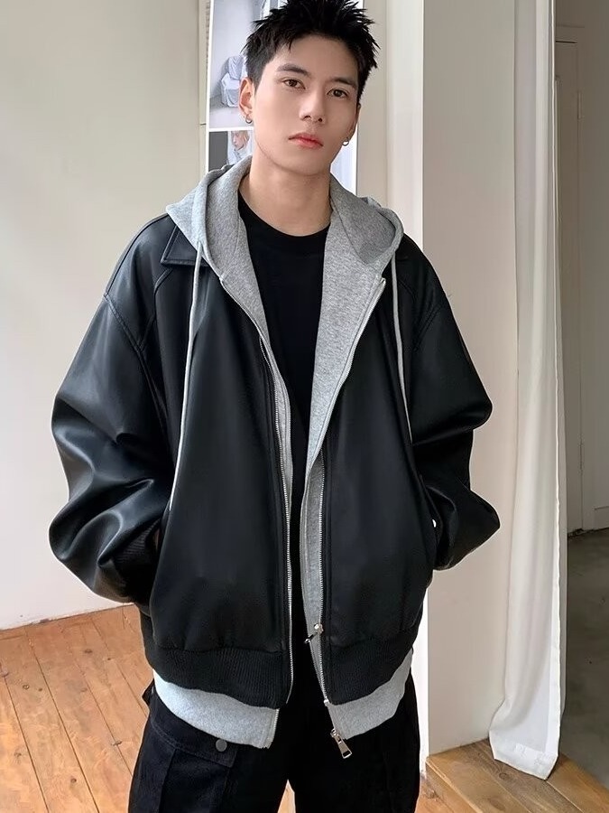 Men's Hooded PU Leather Jacket - Leather Work Jacket ulasan dan harga