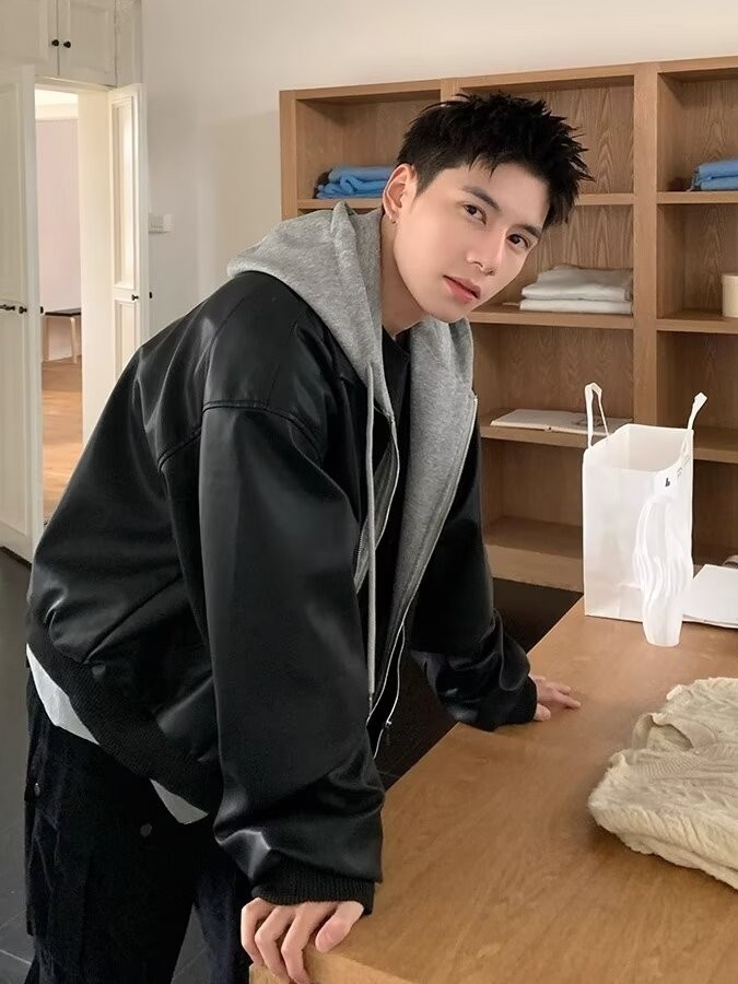 Men's Hooded PU Leather Jacket - Leather Work Jacket ulasan dan harga